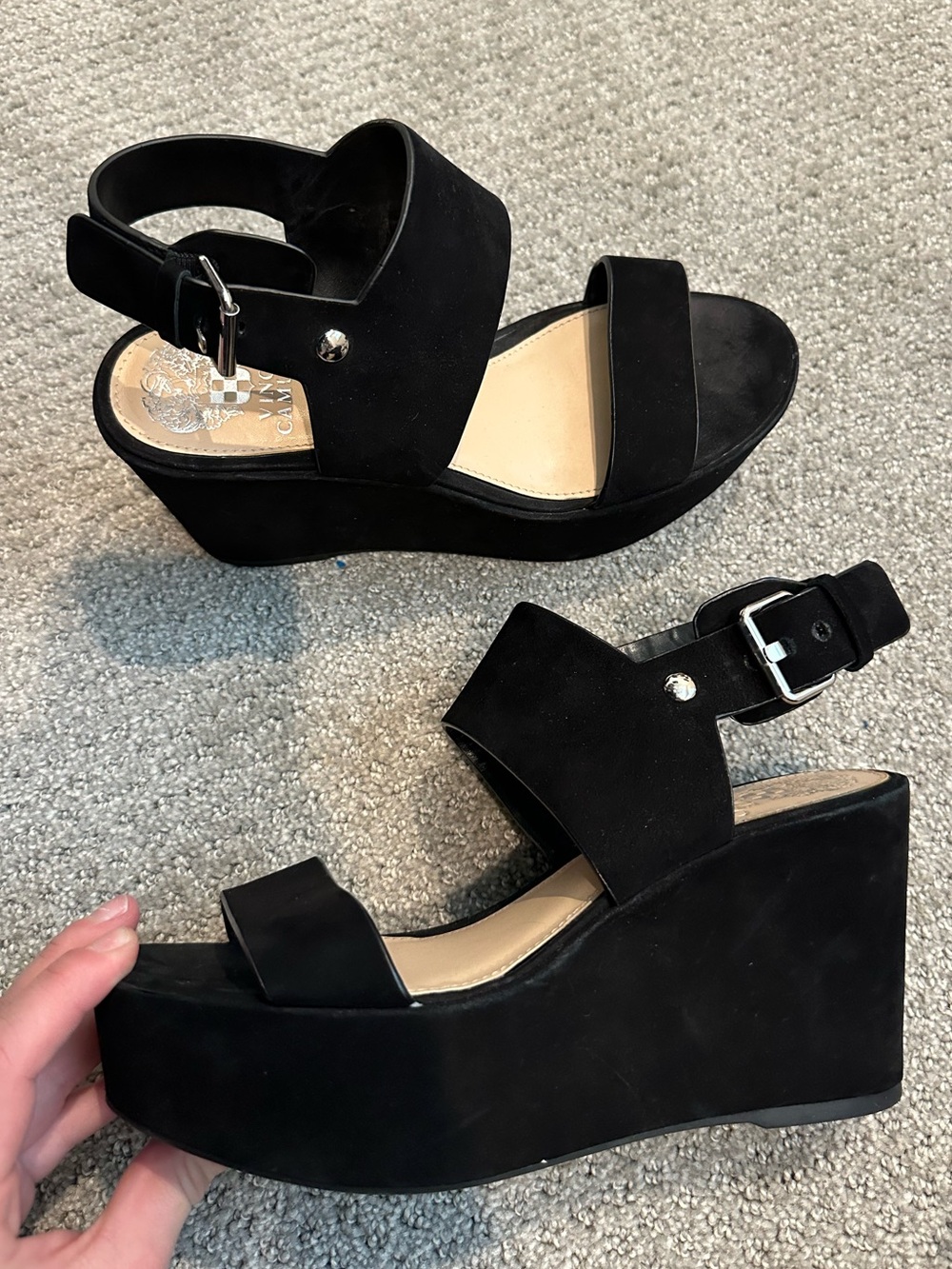 Vince Black Suede Platform Wedge Sandals